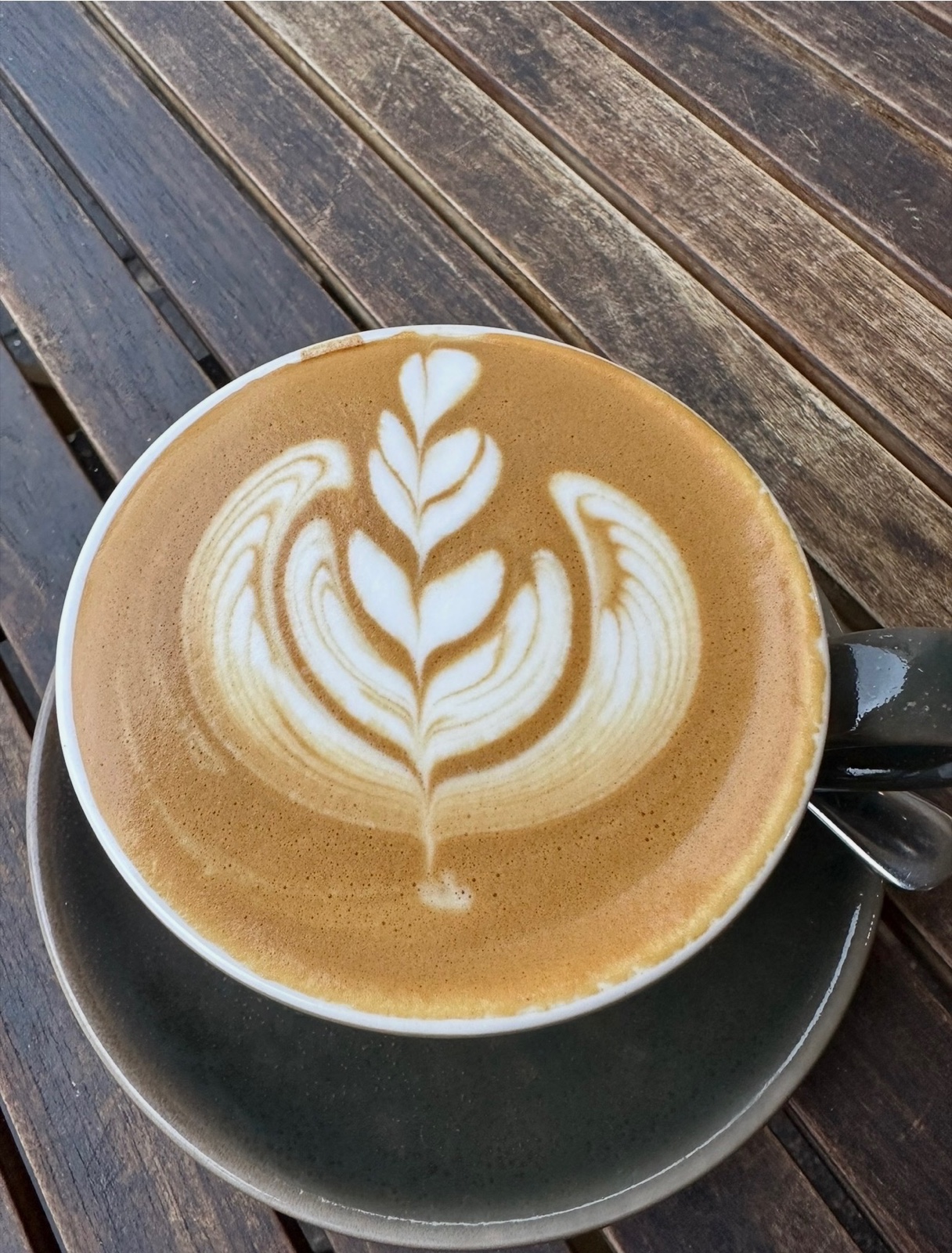 Coffee with leaf-shaped latte art in a black cup