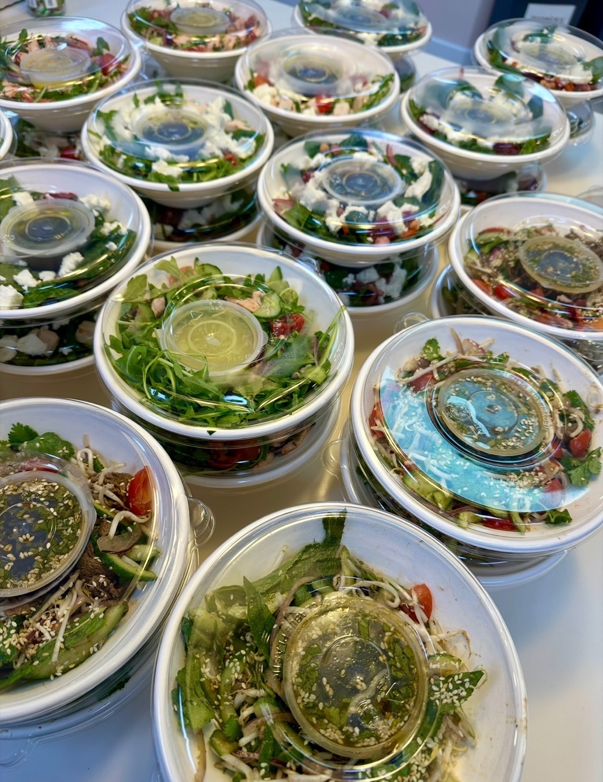 Individually packed salad bowls for catering