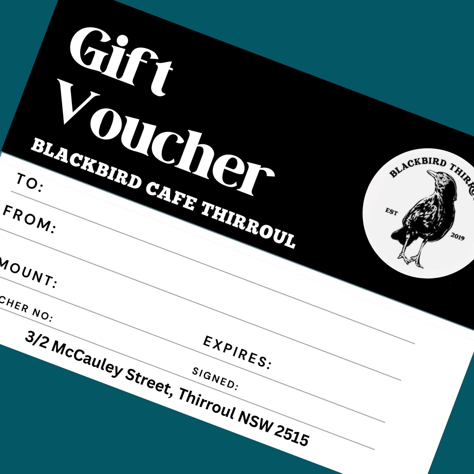 Blackbird Café Thirroul gift voucher on a teal background